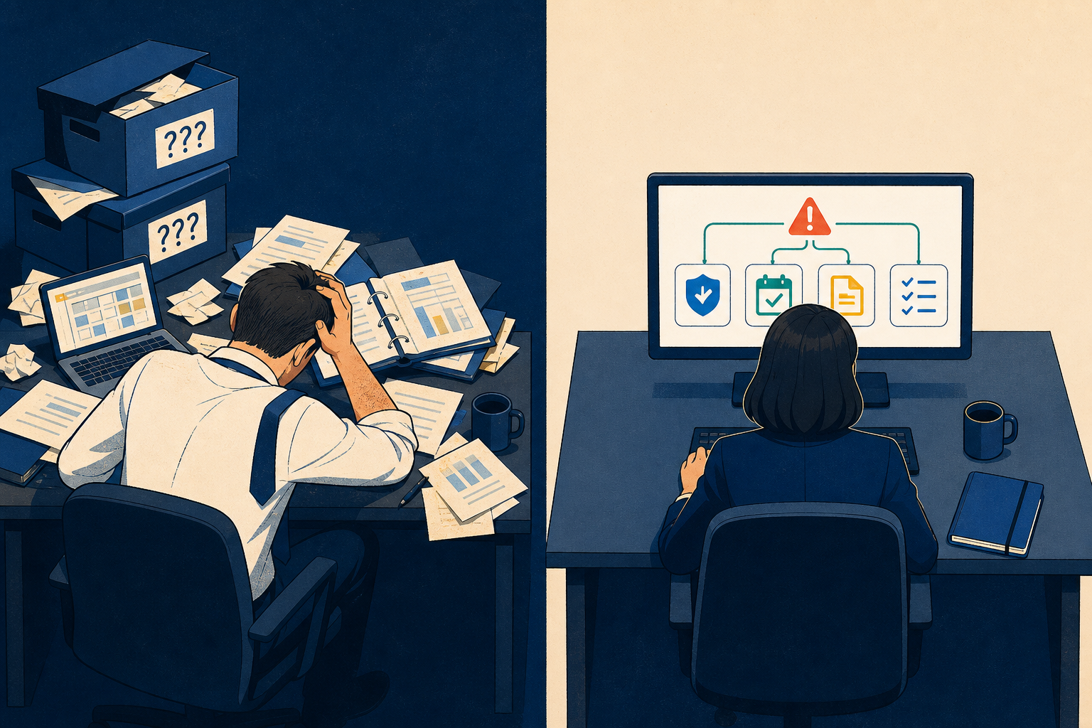 Two security leaders seen from behind: one struggling with scattered GRC documents and unidentified archive boxes, and the other using an organised, connected GRC system.