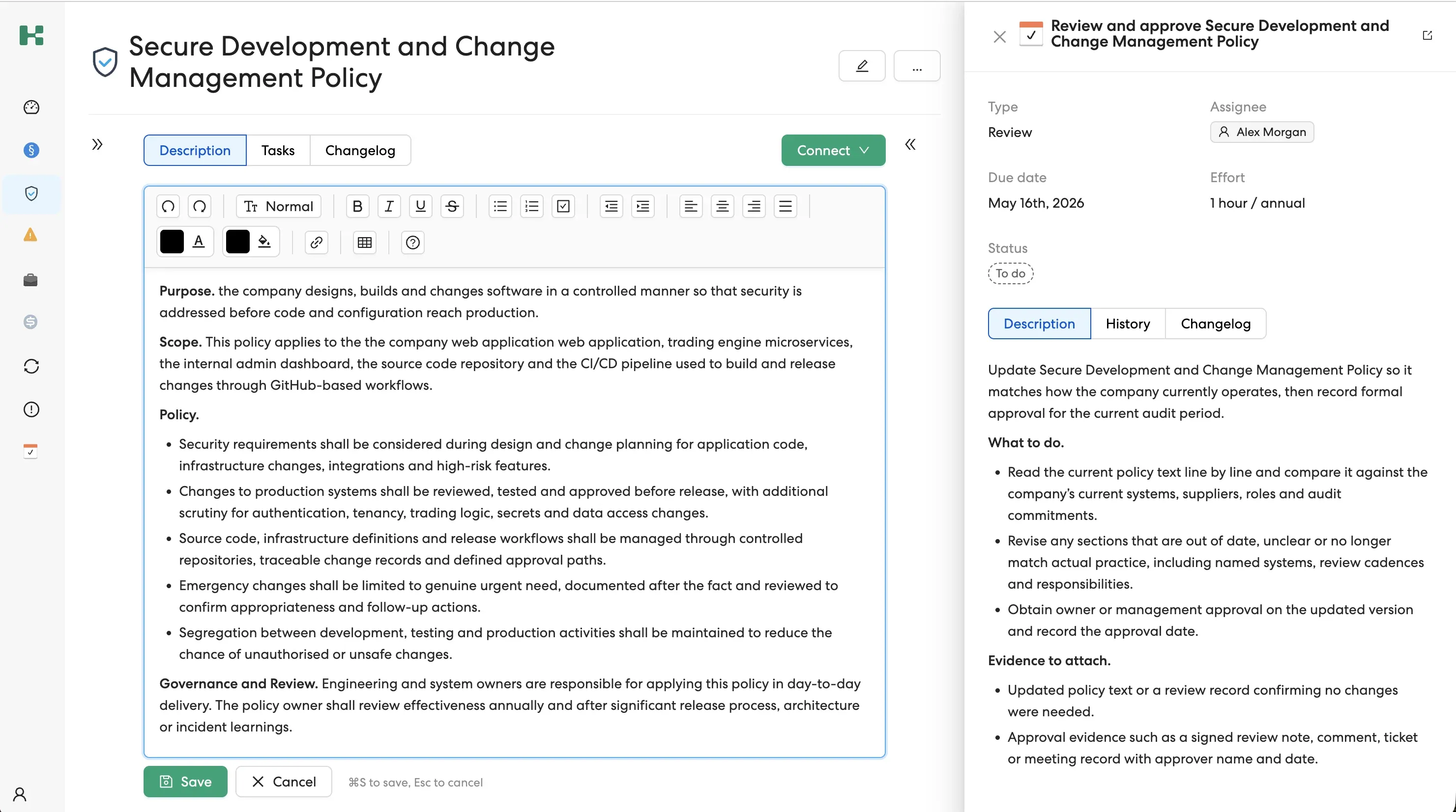 Kordon editing workspace showing a secure development and change management policy with a connected review task in the sidebar