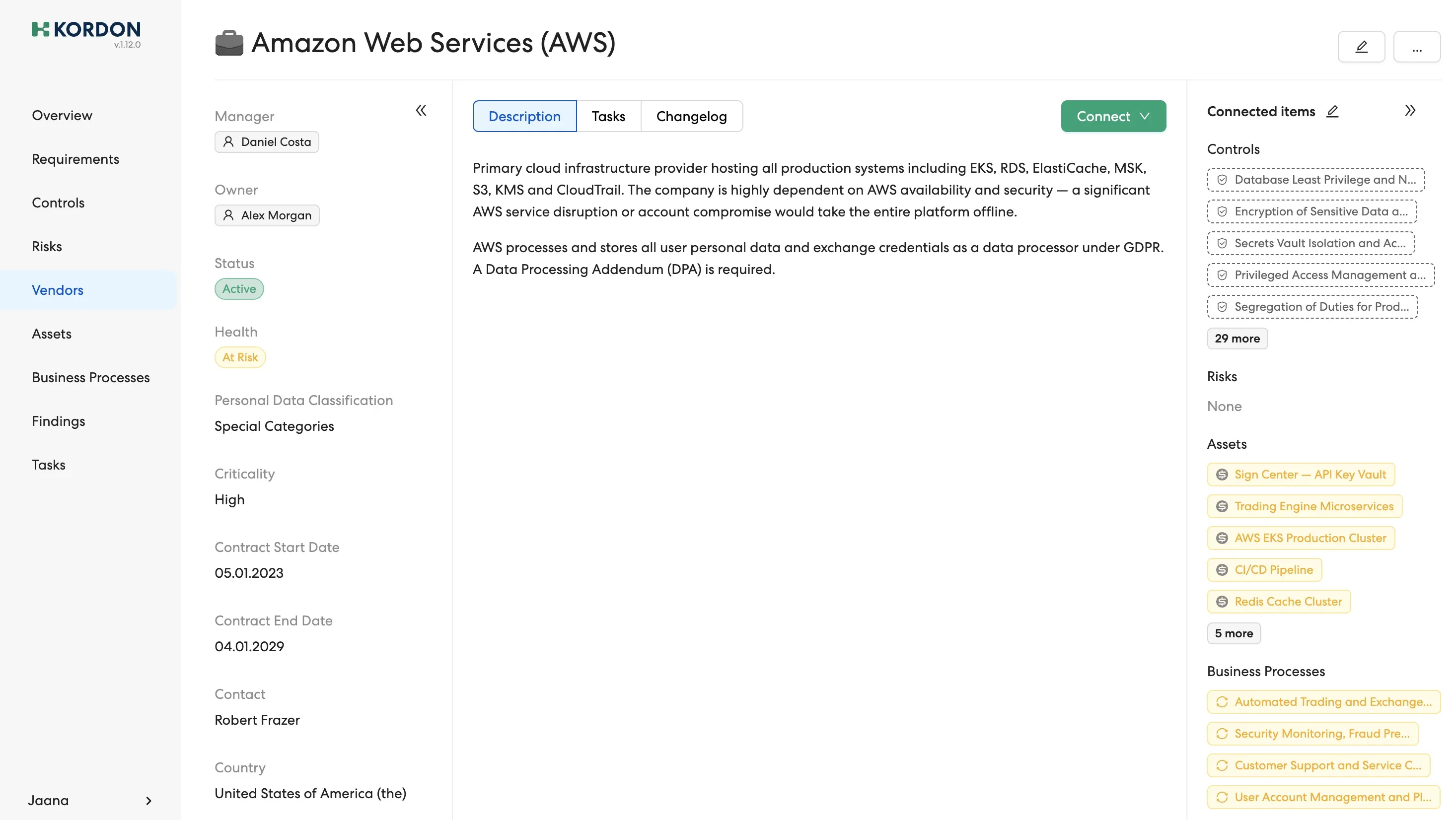 Kordon risk management view showing the risk register with connected controls, requirements, and assets